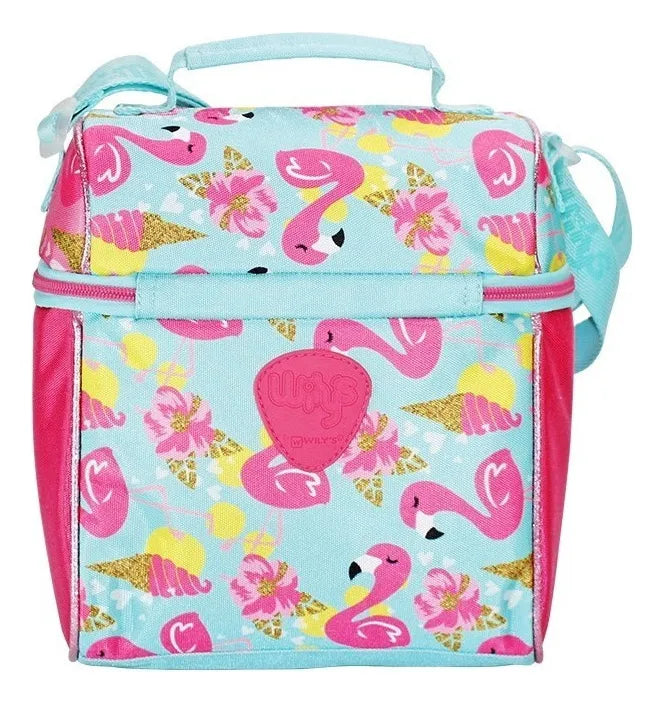 Mochila Lonchera Lapicera Flamingo Primaria Lentejuela Wilys Azul Claro Estampado