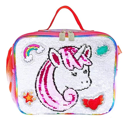 Mochila Y Lonchera Unicornio Arcoiris Lentejuela Wilys Blanco Rosa Lentejuela Reversible