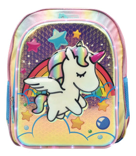 Mochila Lapicera Unicornio Arcoiris Con Luz 3d Tornasol Azul Primaria Ll20bpi08 Lluvia