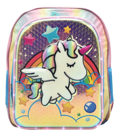 Mochila Lapicera Unicornio Arcoiris Con Luz 3d Tornasol Azul Primaria Ll20bpi08 Lluvia