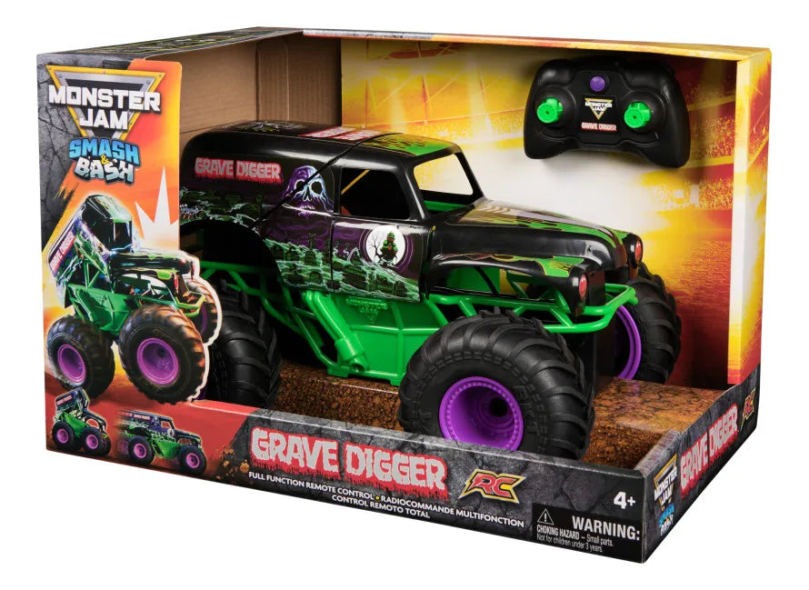 Monster Jam, Smash & Bash Grave Digger oficial, vehículo para interiores y exteriores por control remoto, camión monstruo reparable a escala 1:15, juguetes para niños y niñas a partir de 4 años