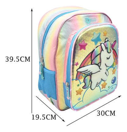 Mochila Lapicera Unicornio Arcoiris Con Luz 3d Tornasol Azul Primaria Ll20bpi08 Lluvia