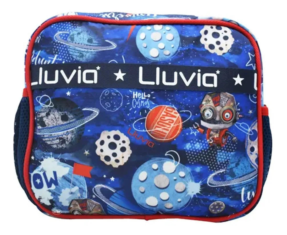 Mochila Lonchera Lapicera Robot Chibots Azul Primaria Lluvia Azul Estampado