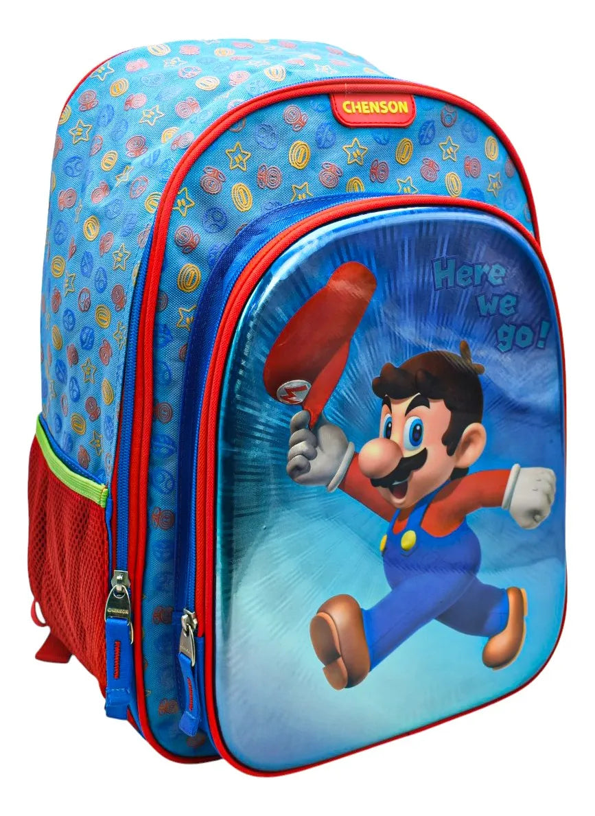 Chenson Super Mario Primary School Backpack and Pencil Case with Blue Printed Detail. Iridescent