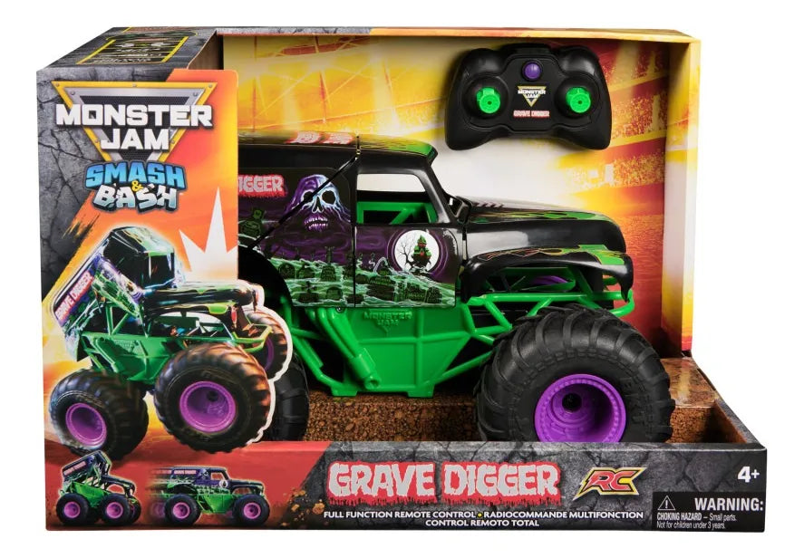 Monster Jam, Smash & Bash Grave Digger oficial, vehículo para interiores y exteriores por control remoto, camión monstruo reparable a escala 1:15, juguetes para niños y niñas a partir de 4 años