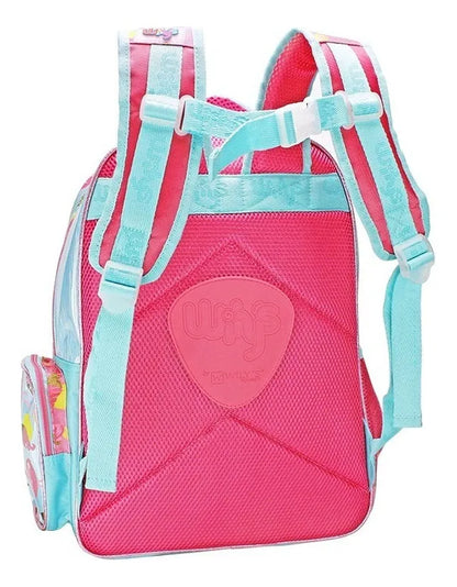 Mochila Lonchera Lapicera Flamingo Primaria Lentejuela Wilys Azul Claro Estampado