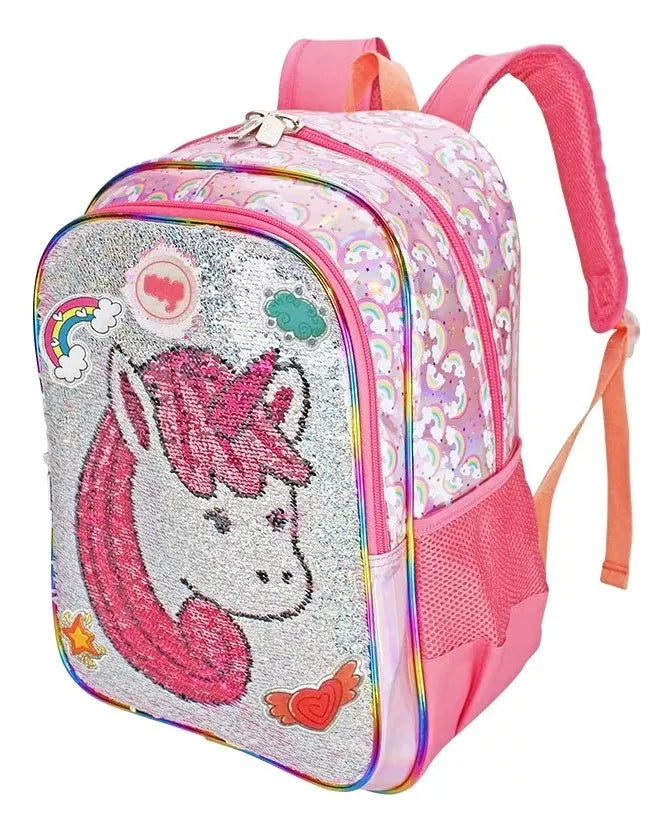 Mochila Y Lonchera Unicornio Arcoiris Lentejuela Wilys Blanco Rosa Lentejuela Reversible