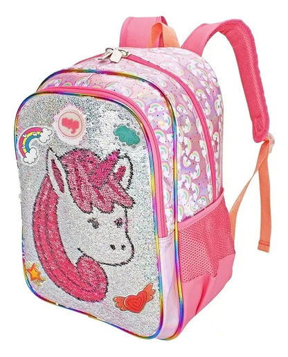Mochila Y Lonchera Unicornio Arcoiris Lentejuela Wilys Blanco Rosa Lentejuela Reversible