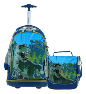 Mochila Ruedas Kit 2pz Dino Land Sin Sonido Primaria Chenson Azul Estampado