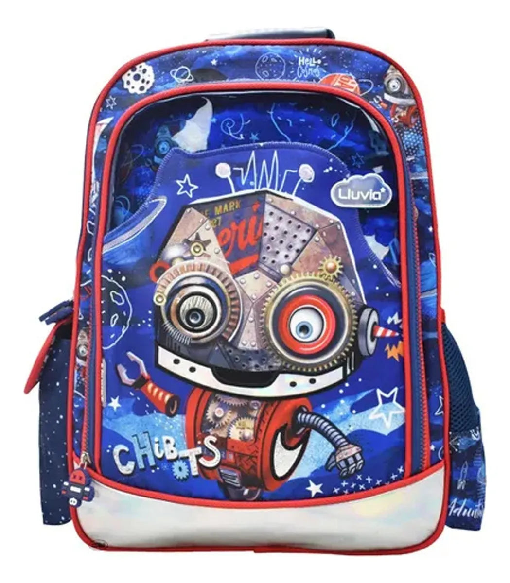 Mochila Lonchera Lapicera Robot Chibots Azul Primaria Lluvia Azul Estampado
