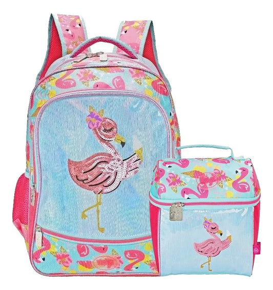 Mochila Y Lonchera Flamingo Primaria Lentejuela Wilys Azul/rosa Lentejuela, Estampado