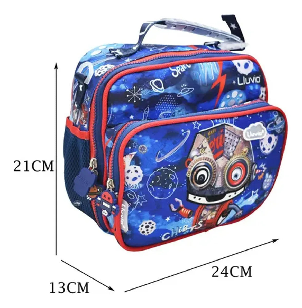 Mochila Lonchera Lapicera Robot Chibots Azul Primaria Lluvia Azul Estampado