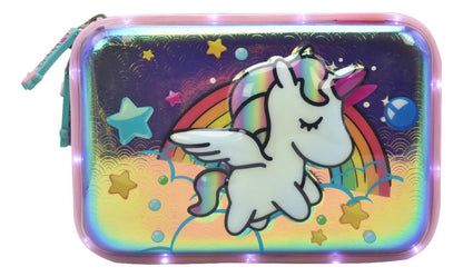 Mochila Lapicera Unicornio Arcoiris Con Luz 3d Tornasol Azul Primaria Ll20bpi08 Lluvia