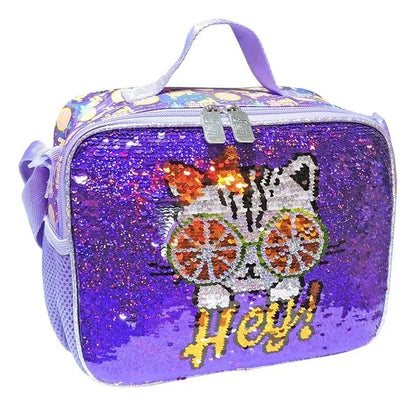 Mochila Lonchera Lapicera Gato Lentejuela Reversible Wilys Violeta