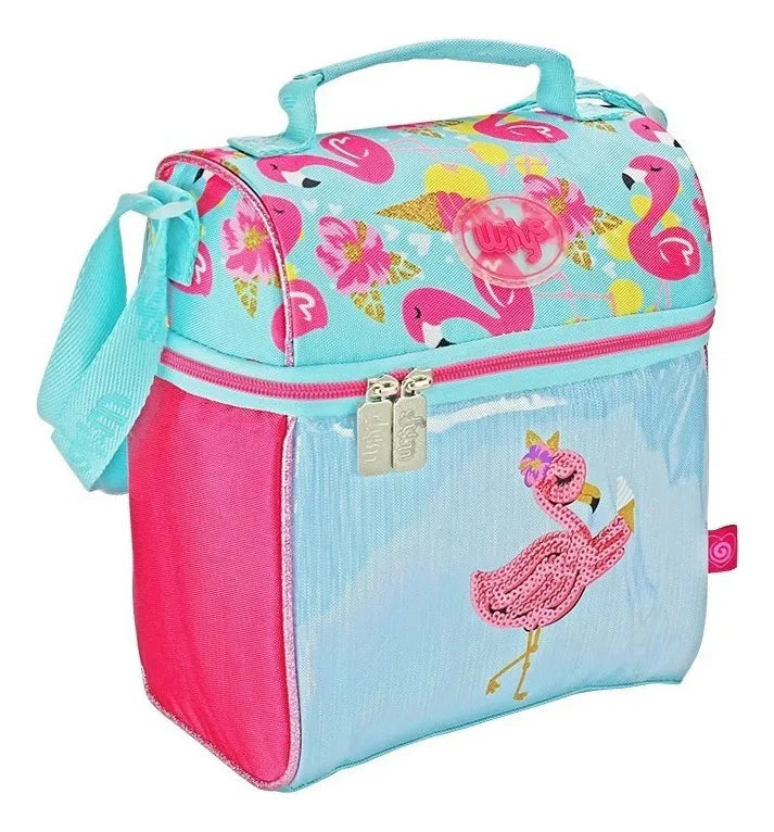 Mochila Lonchera Lapicera Flamingo Primaria Lentejuela Wilys Azul Claro Estampado