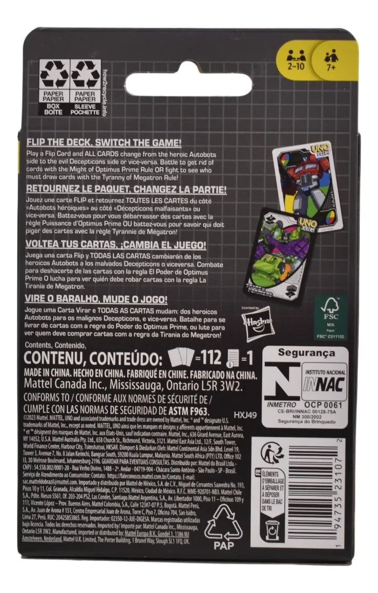 Uno Flip Transformers Juego De Mesa Pack 8 Piezas Mattel