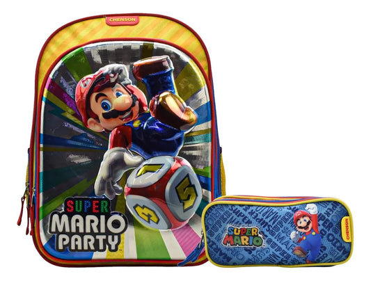 Mochila Y Lapicera Mario Party Primaria Chenson Con Detalle Azul 3d