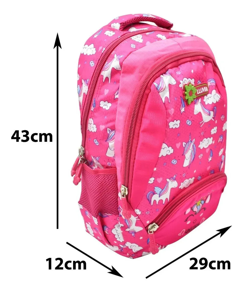 Mochila Y Lapicera Unicorn Nubes Y Estrellas Con Detalle Rosa Chicle Estampado