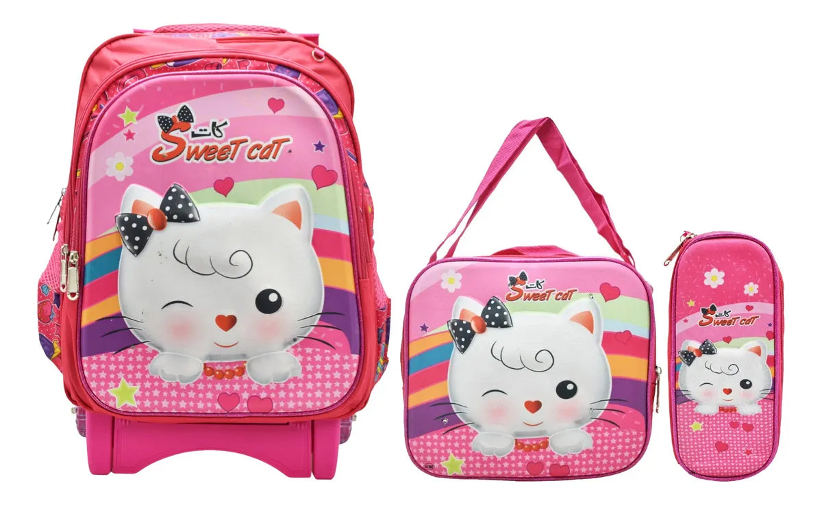 Mochila Con Ruedas Kit Sweet Primaria Con Detalle Rosa 3d
