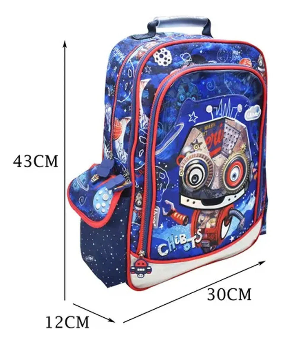 Mochila Lonchera Lapicera Robot Chibots Azul Primaria Lluvia Azul Estampado
