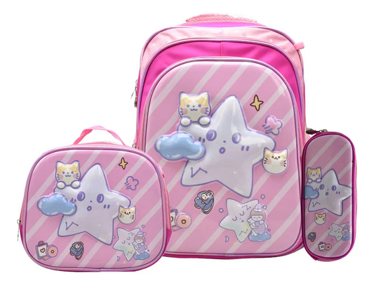 Mochila Estrella Gatuna Kit 3pz Primaria Ll24bpp514 Rosa Chicle 3d