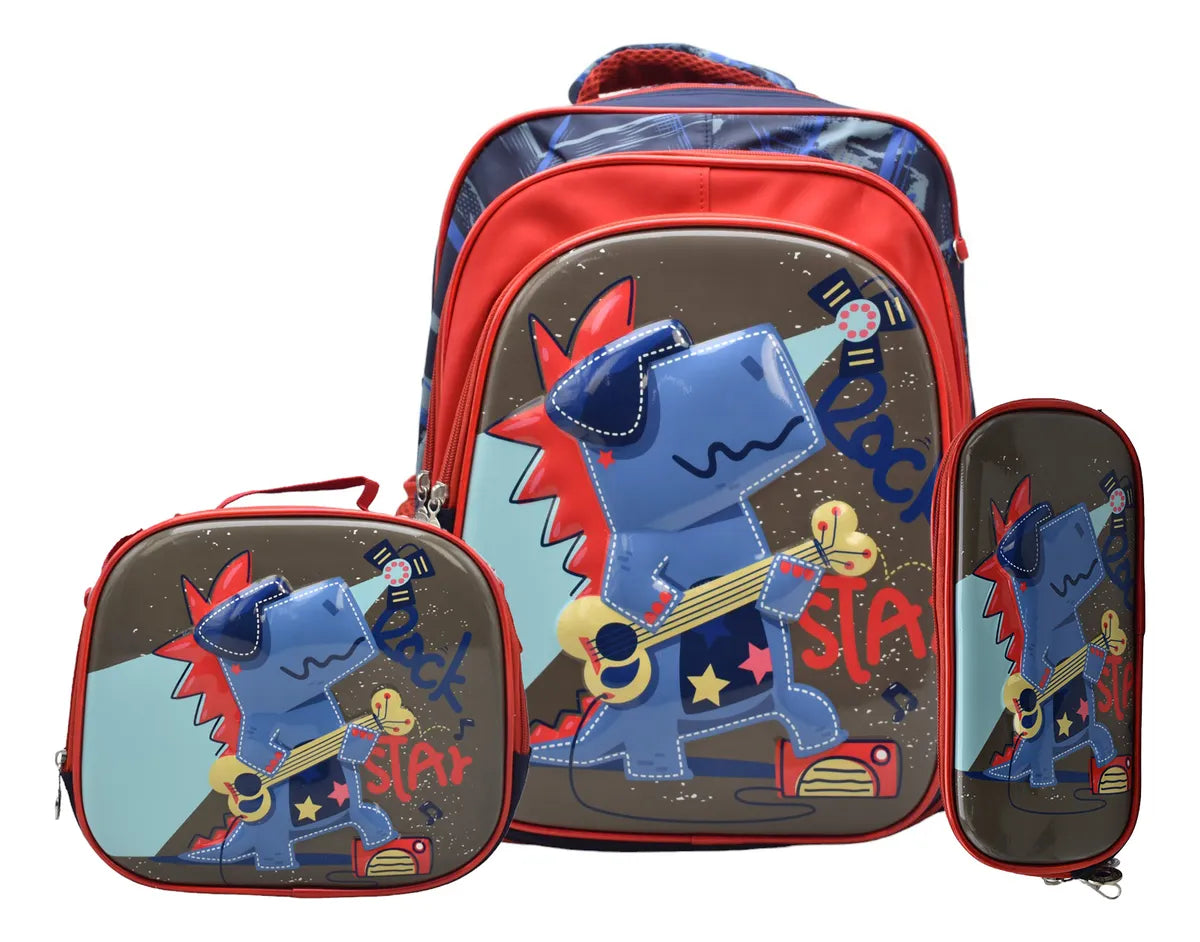 Mochila Dinosaurio Rock Kit 3pz Primaria Ll24bpp503 Azul Oscuro 3d