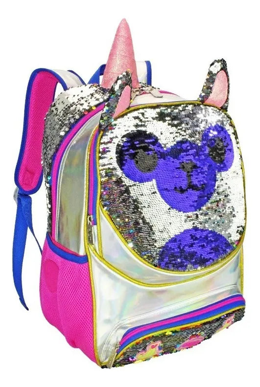 Mochila Primaria Unicornio Lentejuela Reversible Wily Wt378 Fucsia
