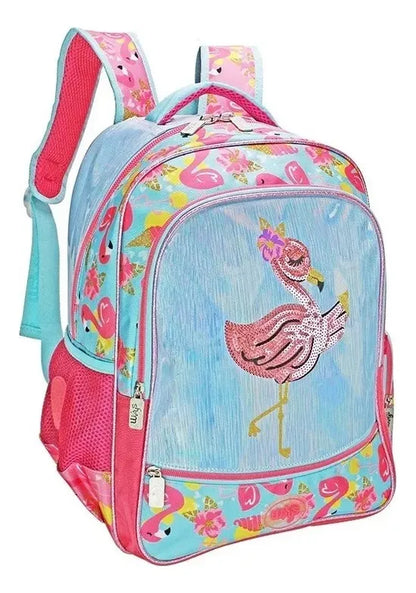 Mochila Y Lonchera Flamingo Primaria Lentejuela Wilys Azul/rosa Lentejuela, Estampado