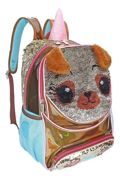 Mochila Y Lonchera Pug Unicornio Lentejuela Primaria Wilys Marrón Lentejuela Reversible