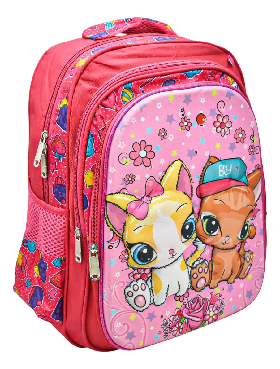 Mochila Gatos Con Flores Kit 3pz Primaria Con Detalle Rosa Impresion 3d