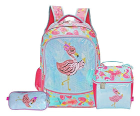 Flamingo Primary School Sequin Backpack Lunchbox Pencil Case Willys Light Blue Print