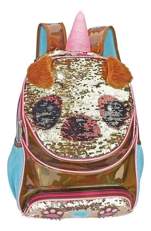 Mochila Y Lonchera Pug Unicornio Lentejuela Primaria Wilys Marrón Lentejuela Reversible
