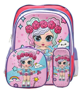 Mochila Lonchera Lapicera Muñeca Con Flores 3d Primaria Rosa Ll23bpm054 Rosa 3d