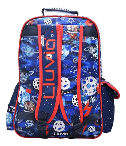 Mochila Lonchera Lapicera Robot Chibots Azul Primaria Lluvia Azul Estampado