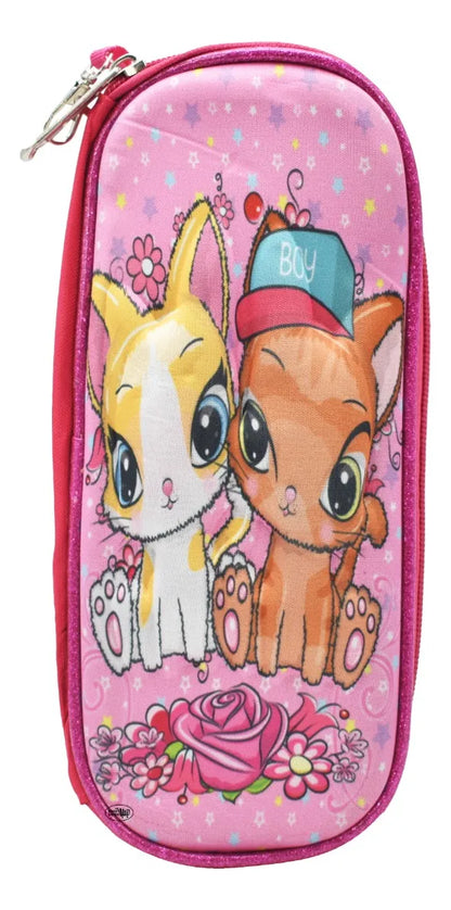 Mochila Lonchera Lapicera Gatos Con Flores 3d Rosa Primaria Rosa 3d