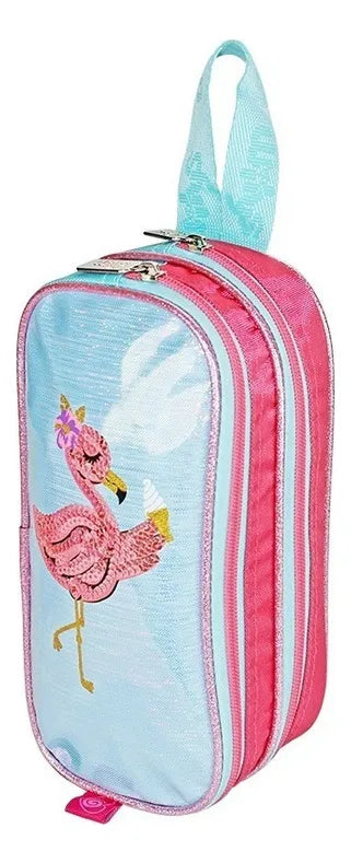 Mochila Lonchera Lapicera Flamingo Primaria Lentejuela Wilys Azul Claro Estampado