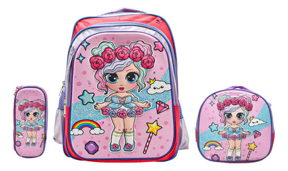 Mochila Lonchera Lapicera Muñeca Primaria Ll23bpm054 Detalle Rosa Impresion 3d