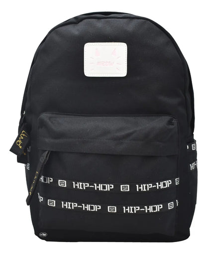 Mochila Meow Hip Hop Negra Lisa Estampado Primaria Ll23bpt02-6