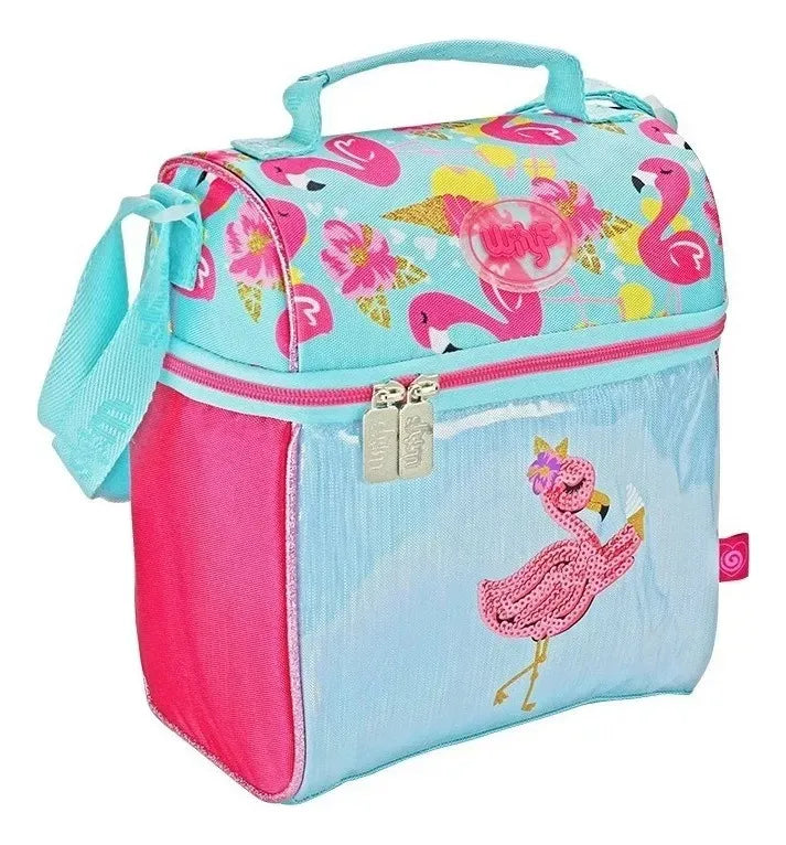 Mochila Y Lonchera Flamingo Primaria Lentejuela Wilys Azul/rosa Lentejuela, Estampado