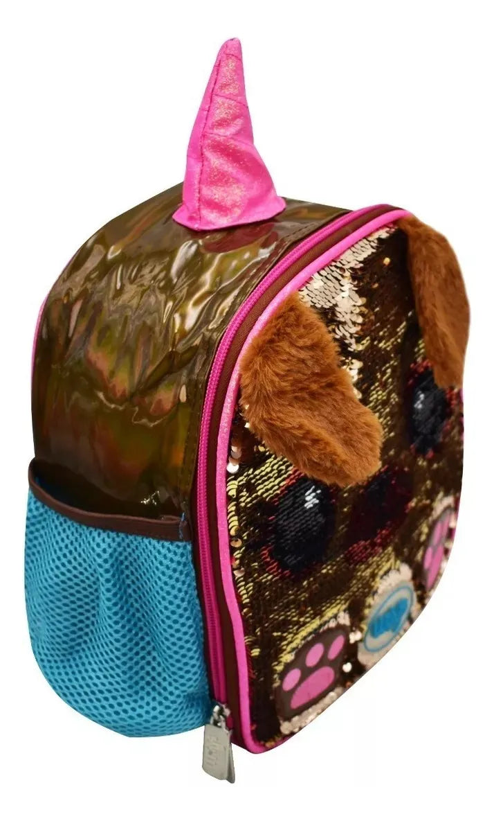 Mochila Y Lonchera Pug Unicornio Lentejuela Primaria Wilys Marrón Lentejuela Reversible