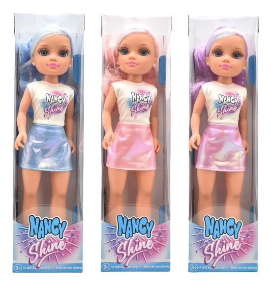 Nancy Shine Pack 3 Cabello Azul Violeta Y Rosa 45cm Famosa