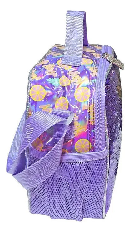 Mochila Lonchera Lapicera Gato Lentejuela Reversible Wilys Violeta