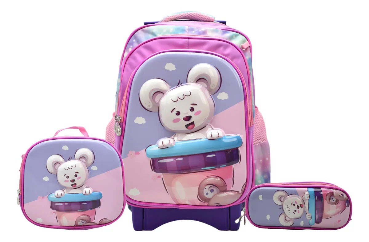 Mochila Con Ruedas Oso Blanco Kit 3pz Primaria Rosa 3d