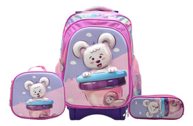 Mochila Con Ruedas Oso Blanco Kit 3pz Primaria Rosa 3d