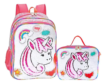 Mochila Y Lonchera Unicornio Arcoiris Lentejuela Wilys Blanco Rosa Lentejuela Reversible