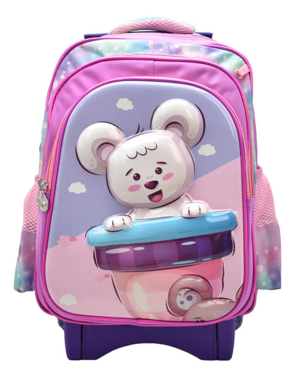 Mochila Con Ruedas Oso Blanco Kit 3pz Primaria Rosa 3d