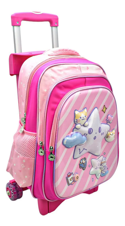 Mochila Estrella Ruedas Primaria Ll24bpp514 Detalle Rosa Chicle 3d