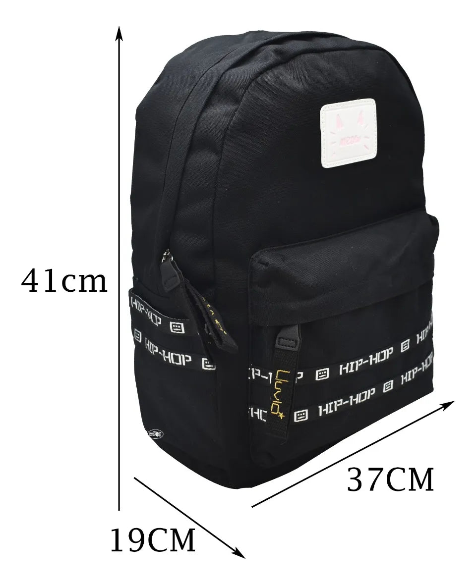 Mochila Meow Hip Hop Negra Lisa Estampado Primaria Ll23bpt02-6