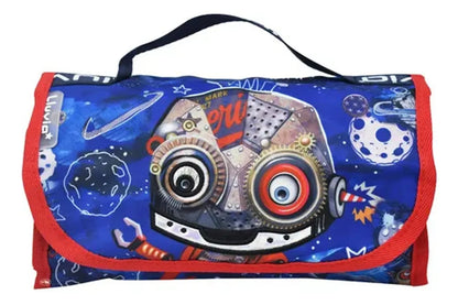 Mochila Lonchera Lapicera Robot Chibots Azul Primaria Lluvia Azul Estampado