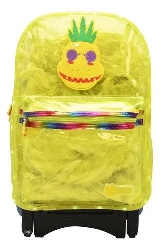 Mochila Ruedas Lonchera Lapicera Piña Amarilla Luz Lluvia Amarillo Transparente